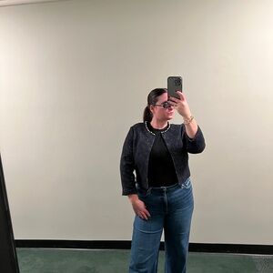 Karl Lagerfeld cropped navy tweed blazer with pearl detailing at collar